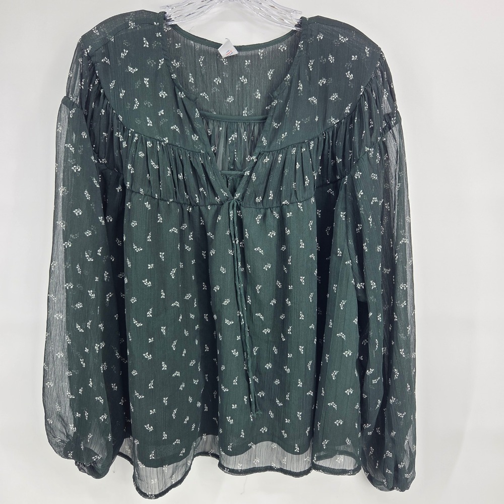 Old Navy Peasant Blouse 2X Green Floral Sheer Balloon Sleeve Boho Cottagecore